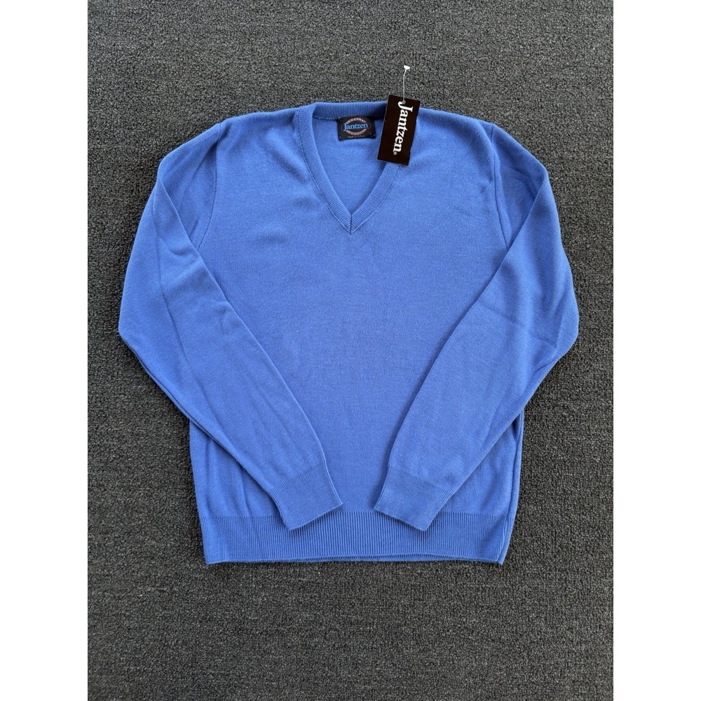 Vintage 80s Jantzen Blue Sweater Size Large Made In USA V Neck‎ Pullover Acrylic